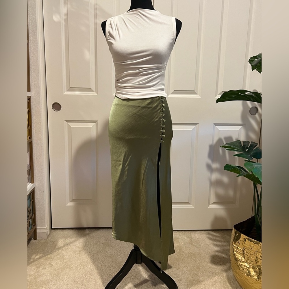 Olive Green Button-Side Assymetrical  Midi Skirt